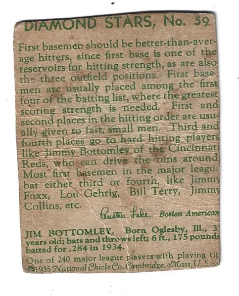 1934 Jim Bottomley (HOF) Diamond Stars Baseball Card