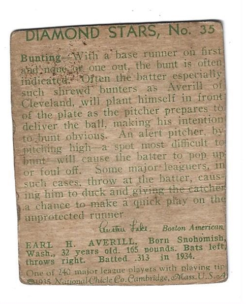 1934 Earl Averill (HOF) Diamond Stars Baseball Card