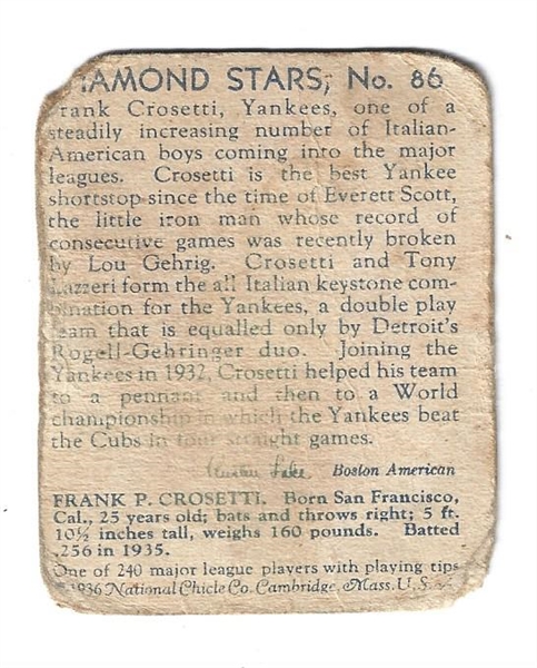 1934 Frank Crosetti (NY Yankees) Diamond Stars Baseball Card