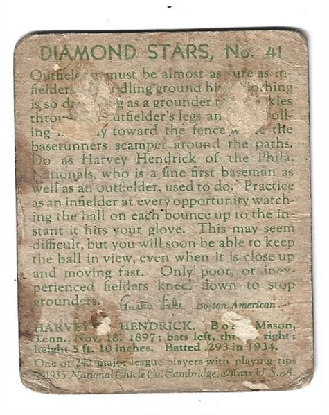 1934 Harvey Hendrick (Philadelphia Nationals) Diamond Stars Baseball Card