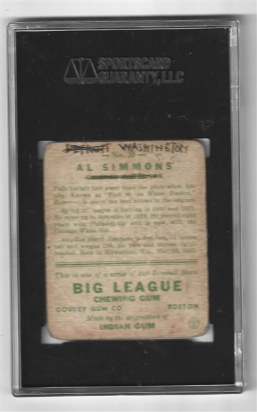 1933 Goudey - Al Simmons (HOF) - SGC Graded 1 