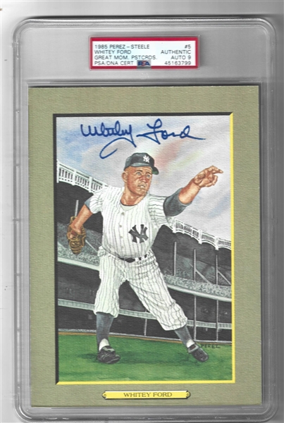 `1985 Whitey Ford (HOF) Perez Steele Autographed Great Moments Postcard PSA Graded 9