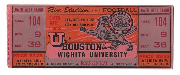 1955 U. of Houston (NCAA College Football) Official Ticket vs. Wichita U. 