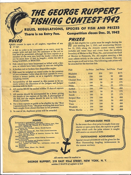 1942 George Ruppert Fishing Contest Entry Form