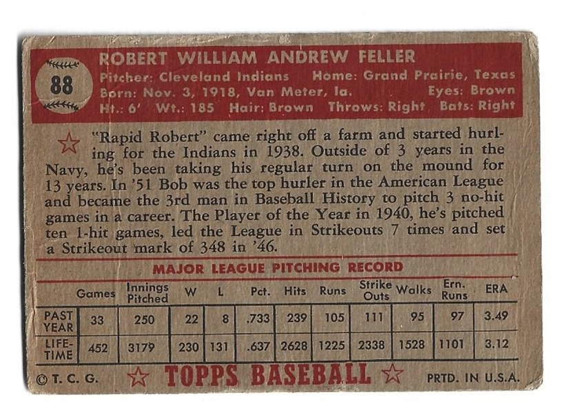 1952 Bob Feller (HOF)  Topps Baseball Card 