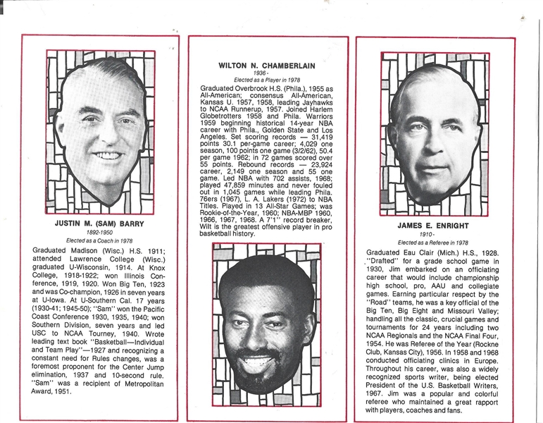 1979 Basketball HOF Supplemental with '78 Electees Including Wilt Chamberlain