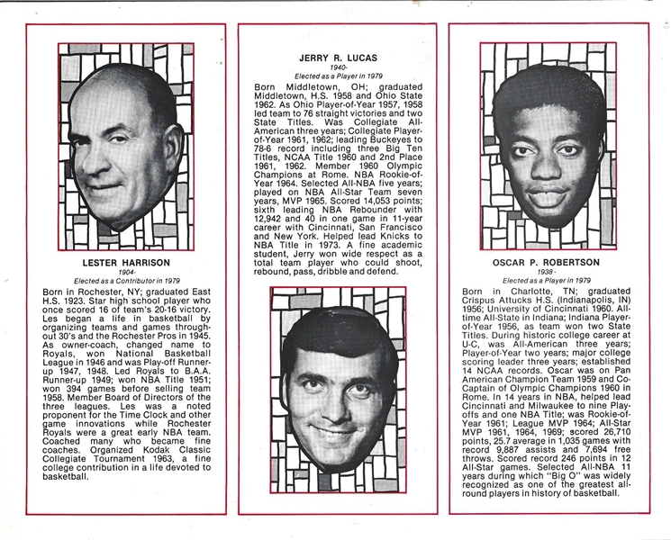 1980 Naismith Basketball HOF Supplemental Insert with '79 Electees including: Jerry Lucas, Oscar Robertson & Jerry West