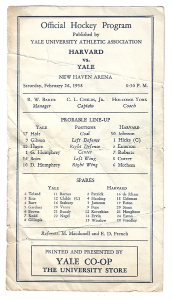 1938 Harvard vs. Yale (NCAA) Single Page Hockey Program