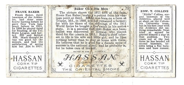 1912 T202 Hassan Triple Fold - Eddie Collins (HOF) & Frank Home Run Baker (HOF) - Tobacco Card 