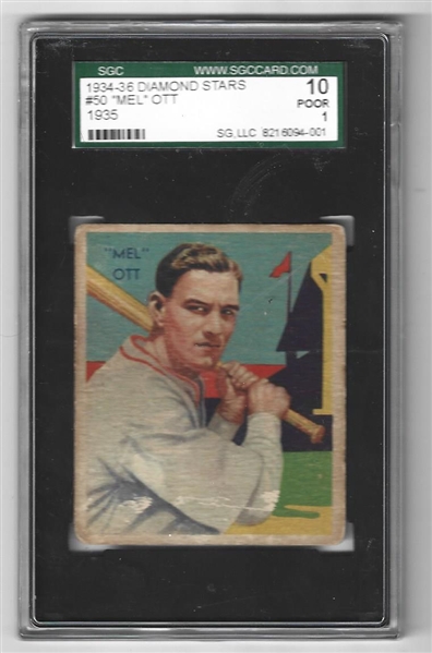 1934 Diamond Stars Mel Ott (HOF) SGC Graded 1 Baseball Card