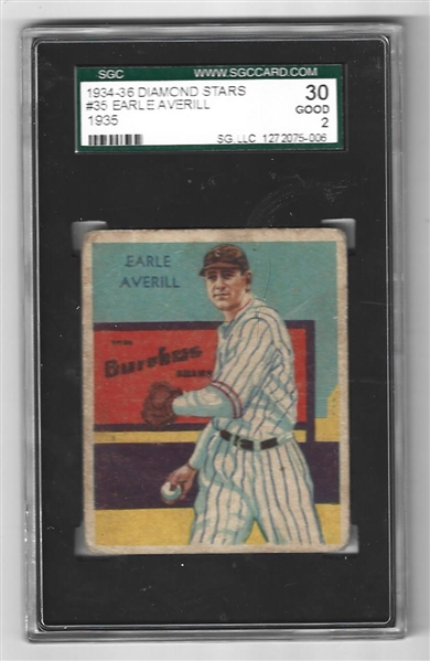 1934 - 36 Diamond Stars Earle Averill (HOF)  SGC Graded 2 Baseball Card
