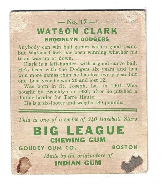 1933 Watson Clark (Brooklyn Dodgers) Goudey Baseball Card