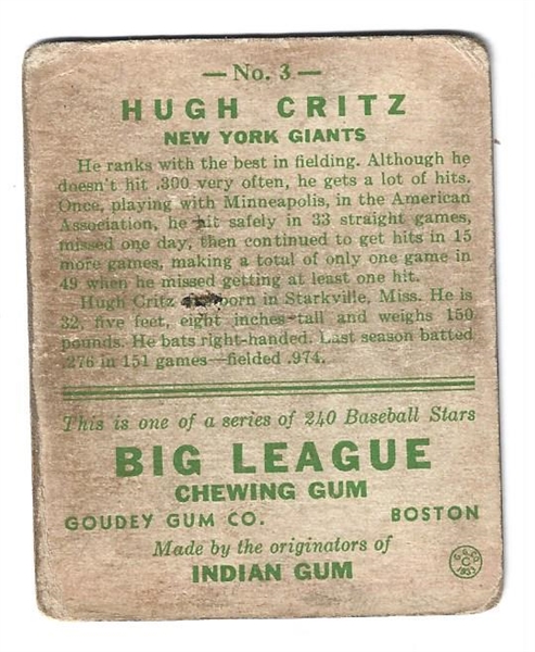 1933 Hugh Critz (NY Giants) Goudey Baseball Card