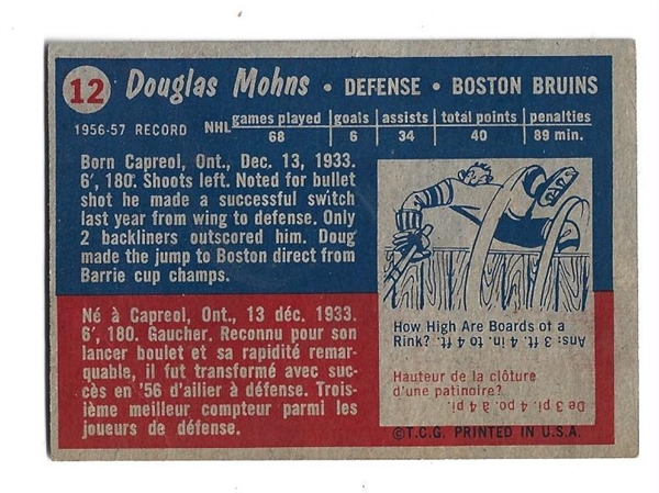 1957 - 58 Doug Mohns (HOF) Topps Hockey Card