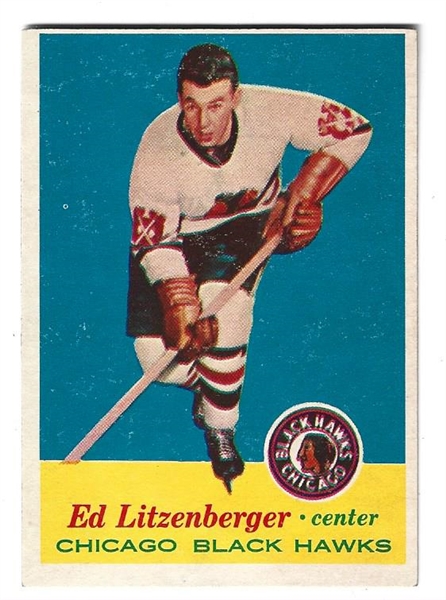 1957 - 58 Ed Litzenberger (Chicago Blackhawks) Topps Hockey Card