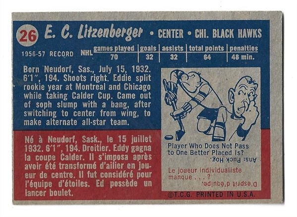 1957 - 58 Ed Litzenberger (Chicago Blackhawks) Topps Hockey Card