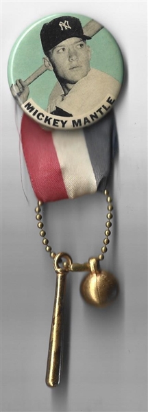 1950's Mickey Mantle (HOF) Pinback with Ribbon & Dangling Charms