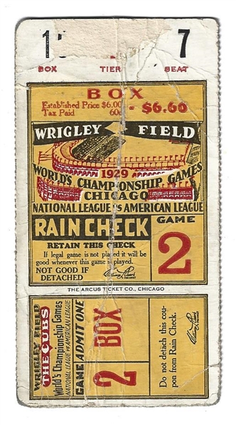 1929 World Series (Chicago Cubs vs. Phila. Athletics) Game # 2 Ticket 