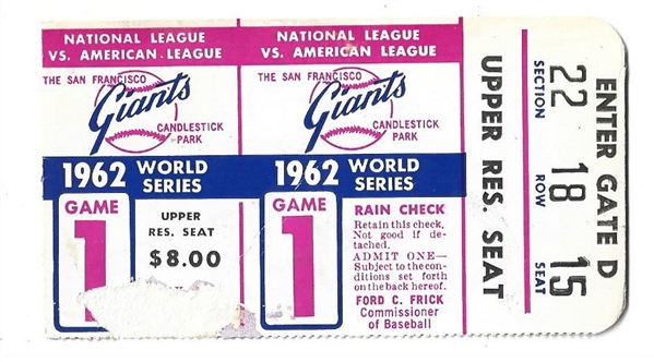 1962 World Series (SF Giants vs. NY Yankees) Game # 1 Ticket at SF