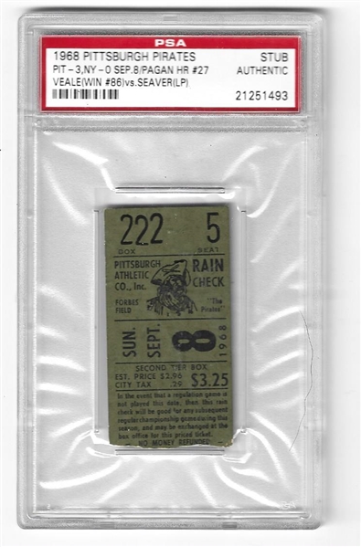 1968 Pittsburgh Pirates vs. NY Mets PSA Graded Ticket - 9/8/68