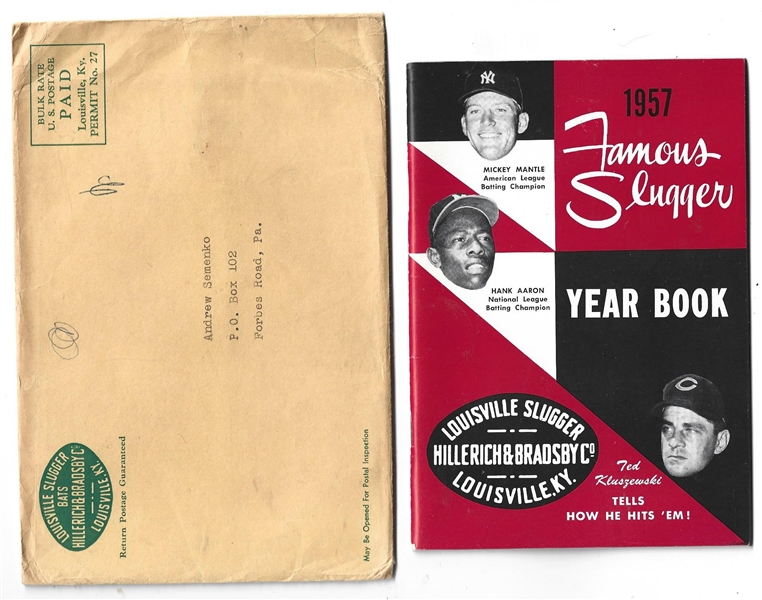 1957 Famous Sluggers Yearbook - Mantle, Aaron & Kluszewski on the Cover with Original Mailing Sleeve