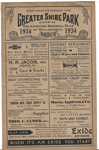 1934 Philadelphia Athletics vs. Chicago White Sox Official Program at Shibe Park