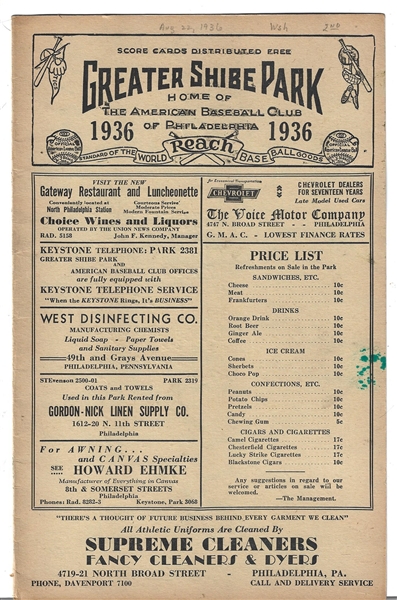 1936 Philadelphia Athletics vs. Washington Senators Official Program at Shibe Park
