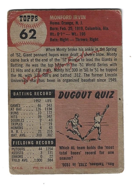 1953 Monte Irvin (HOF) Topps Baseball Card