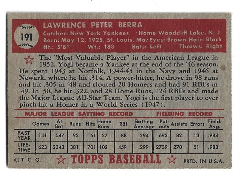 1952 Yogi Berra (HOF) Topps Baseball Card