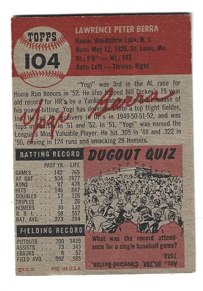 1953 Yogi Berra (HOF) Topps Baseball Card