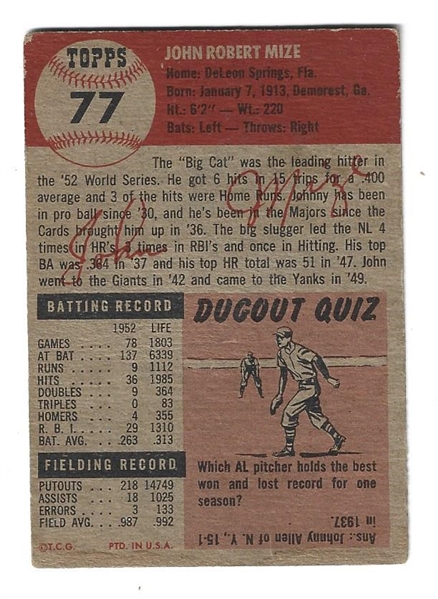 1953 Johnny Mize (HOF - NY Yankees) Topps Baseball Card