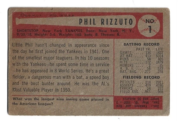 1954 Phil Rizzuto (HOF) Bowman Baseball Card - 1st Card in the '54 Set