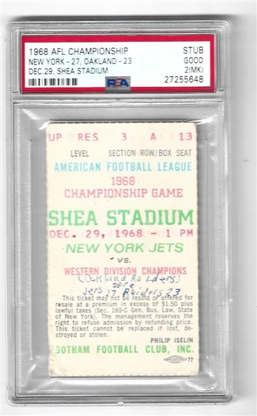 1968 AFL Championship (NY Jets vs. Oakland Raiders) Official Ticket at Shea Stadium PSA Graded 2 Good