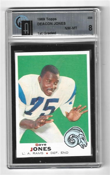 1969 Deacon Jones (HOF) Topps Football Card Global Authentication Graded 8