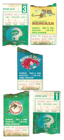 1968 NY Jets (AFL Championship Season) Lot of (5) Regular Season Ticket Stubs