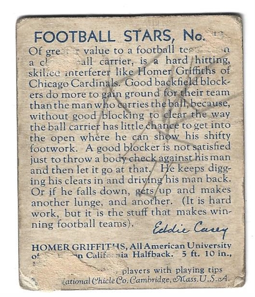 1935 National Chicle Football - Homer Griffiths (Chicago Cardinals) Football Card