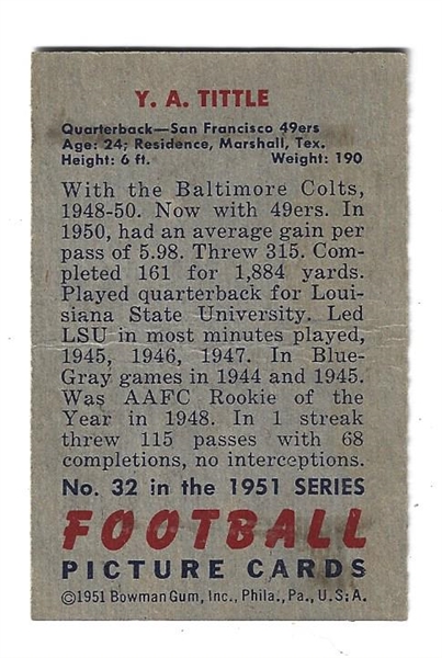 1951 YA Tittle (HOF) Bowman Football Card 