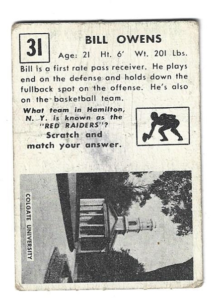 1951 Billy Owens  (Colgate University)Topps Magic Football Card
