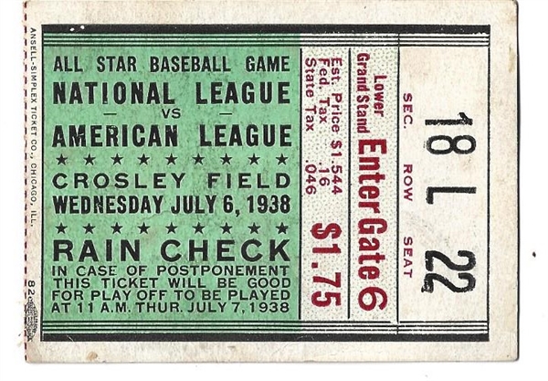 1938 MLB All-Star Game Ticket Stub at Crosley Field - Historically Significant 