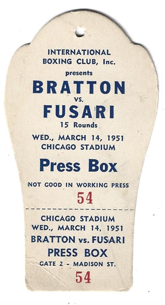 1951 Bratton vs. Fusari Boxing Press Box Pass from Chicago Stadium