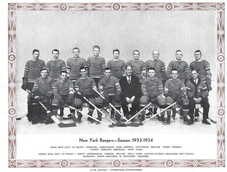 1933 - 34 NY Rangers (NHL) CCM Skates Team Photo with Roster