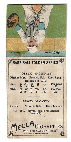 1911 T201 Mecca Double Folder - Iron Man Joe McGinnity (HOF) & Lewis McCarty - Baseball Card