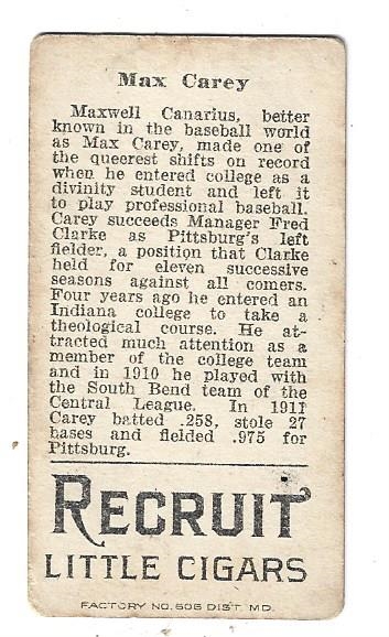 1912 T207 Little Recruit Brown Background - Max Carey (HOF) - Tobacco Card