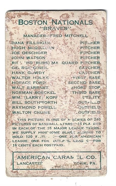 1922 American Caramel E120 - John Watson (Boston Nationals) - Baseball Card