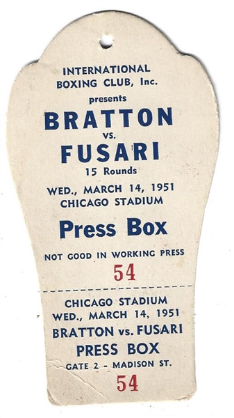 1951 Johnny Bratton vs. Charlie Fusari Boxing Press Pass