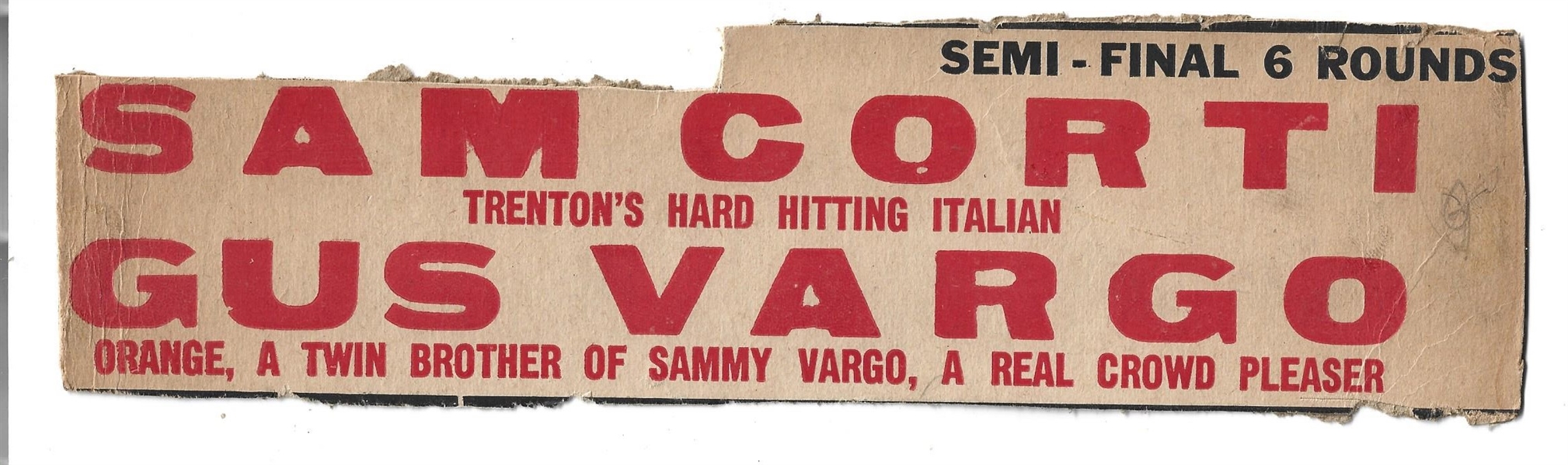 C. 1940's Trenton (NJ) Arena Partial Boxing Broadside - Corti vs. Vargo