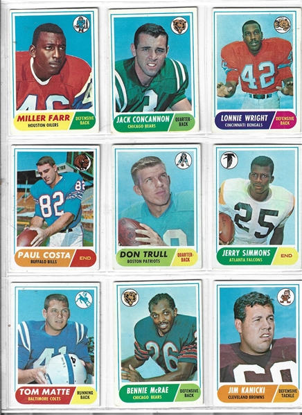 1968 Topps Football Sheet of (9) With Semi-Stars & Commons 
