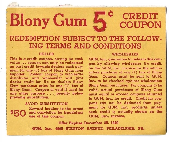1940 Blony Gum 5 Cent Redemption Coupon