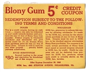 1940 Blony Gum 5 Cent Redemption Coupon