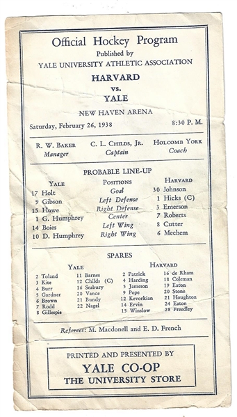1938 Harvard vs. Yale (NCAA) Single Page Hockey Program